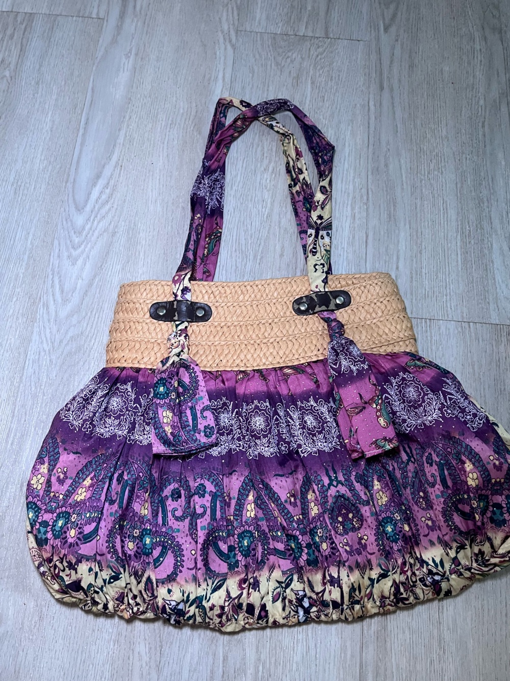 Bohemian Purple Patterned Straw Tote Bag